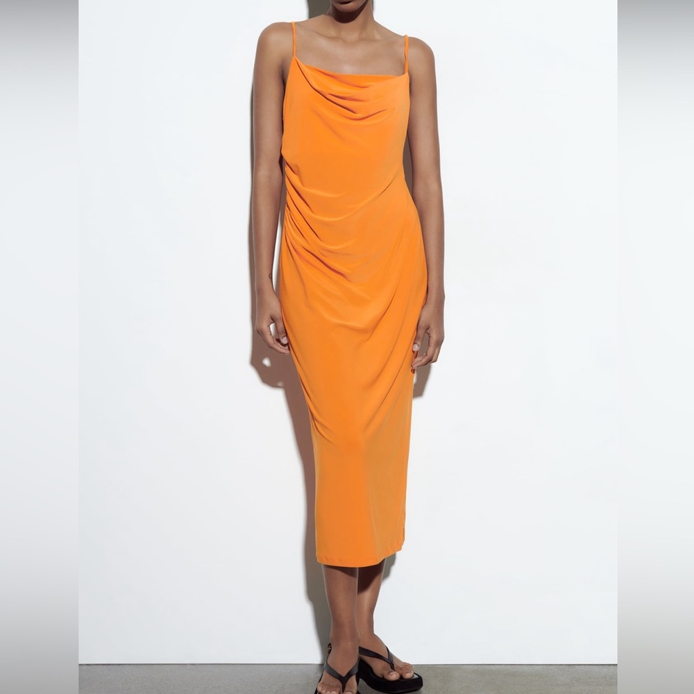 Zara fitted tank style midi length dress w/draped neckline. Small. Resort, beach